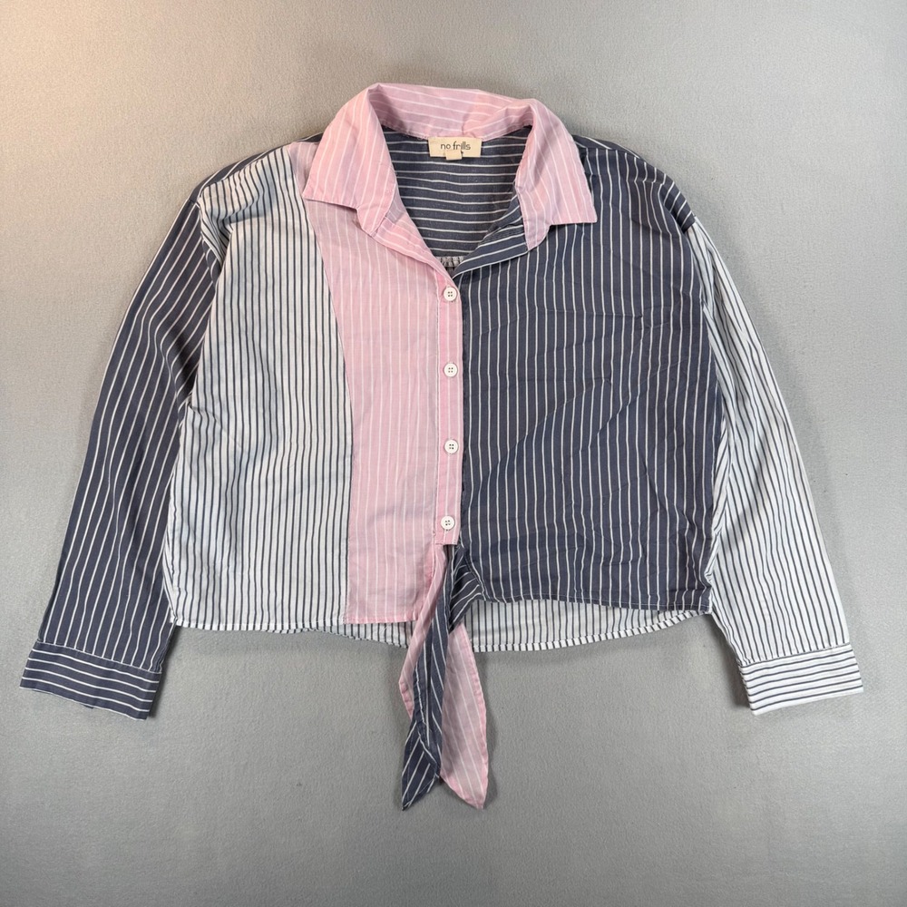 No Frills Los Angeles Colorblock Striped Tie Front Cropped Shirt Navy Pink L